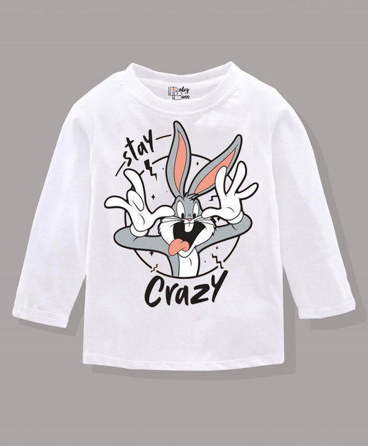 Stay Crazy White Full Sleeves Girls T-shirt