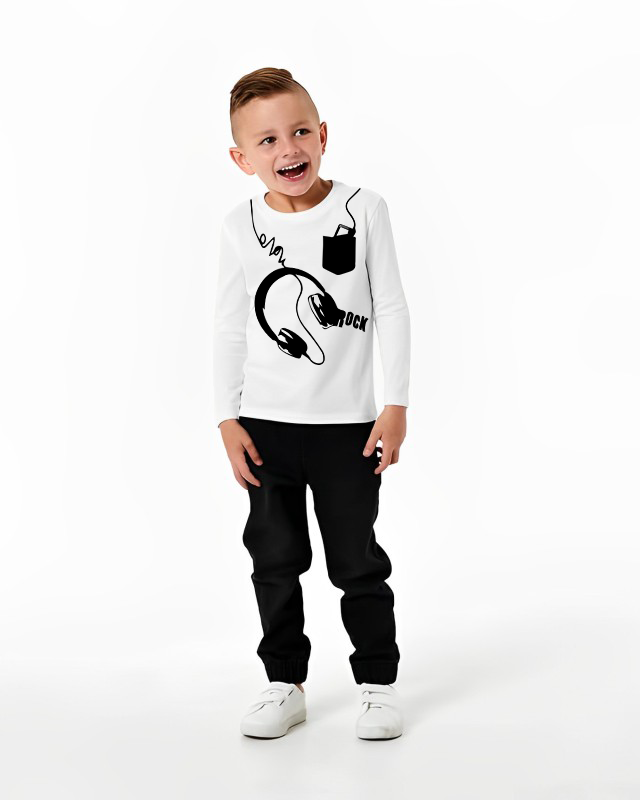 Headphone With Pocket Print White Full Sleeves Boys T-shirt