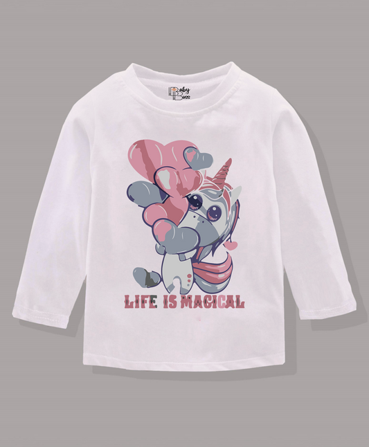 Life Is Magical White Full Sleeves Girls T-shirt