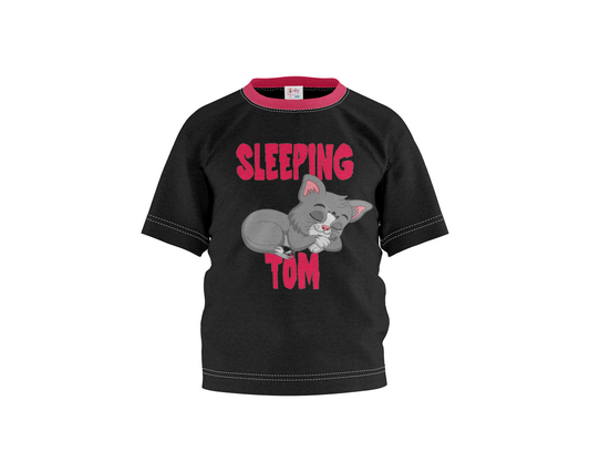 Sleeping Tom Black with Red Sleeves Girl's T-shirt