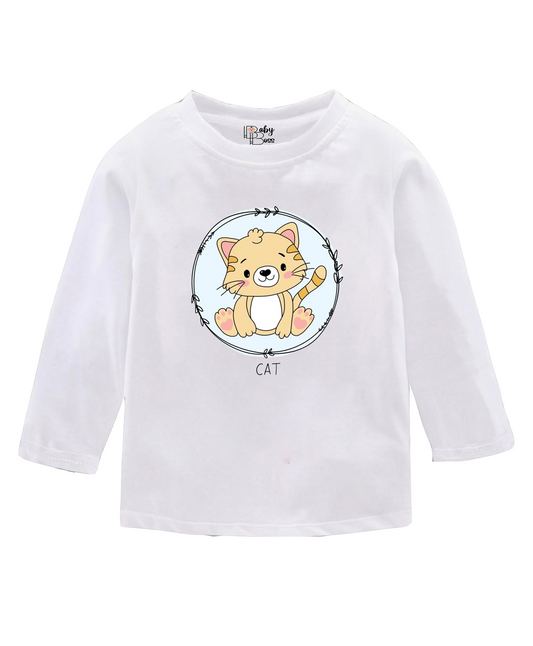 Circle Cat White Full Sleeves Girls T-shirt