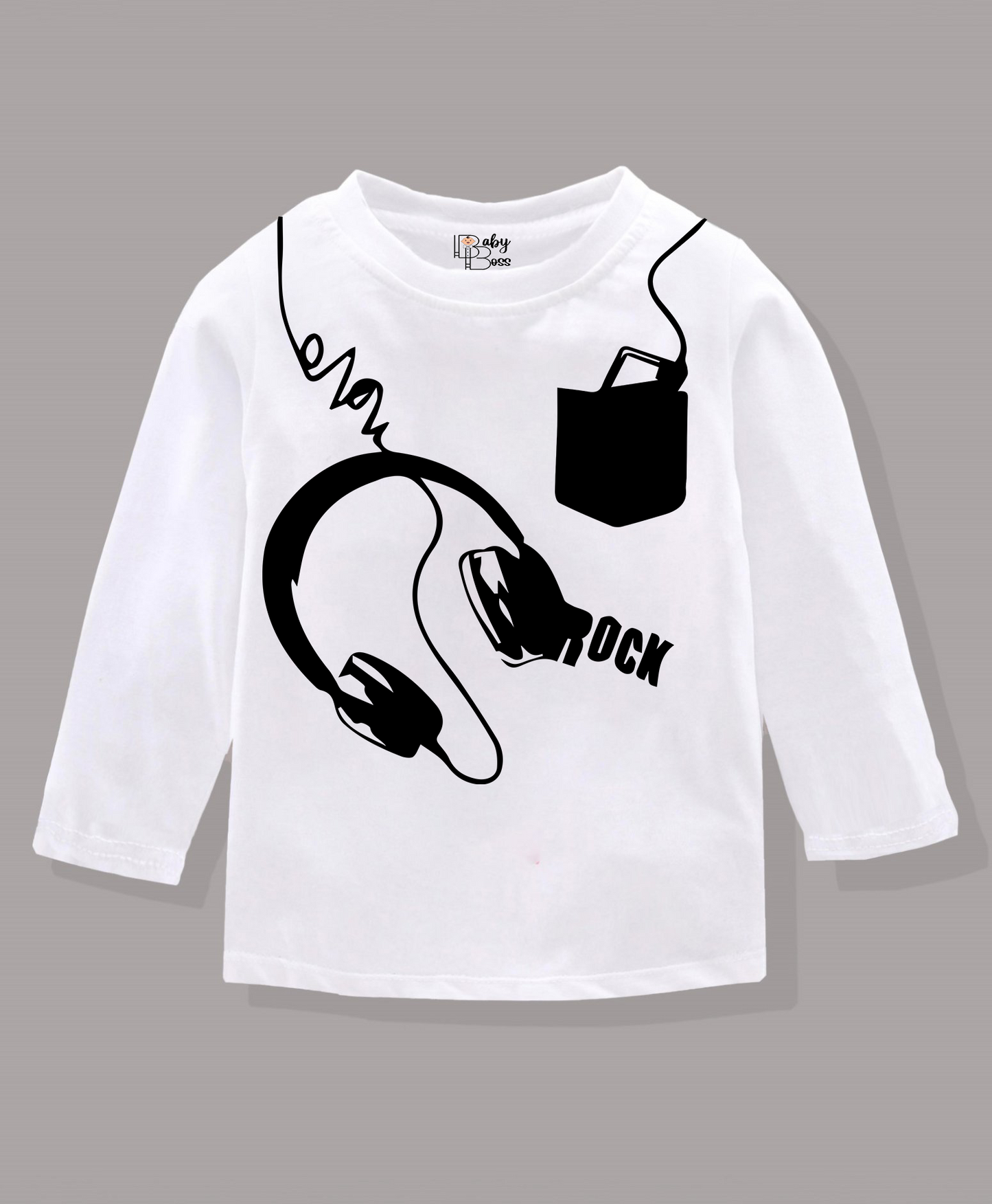 Headphone With Pocket Print White Full Sleeves Boys T-shirt