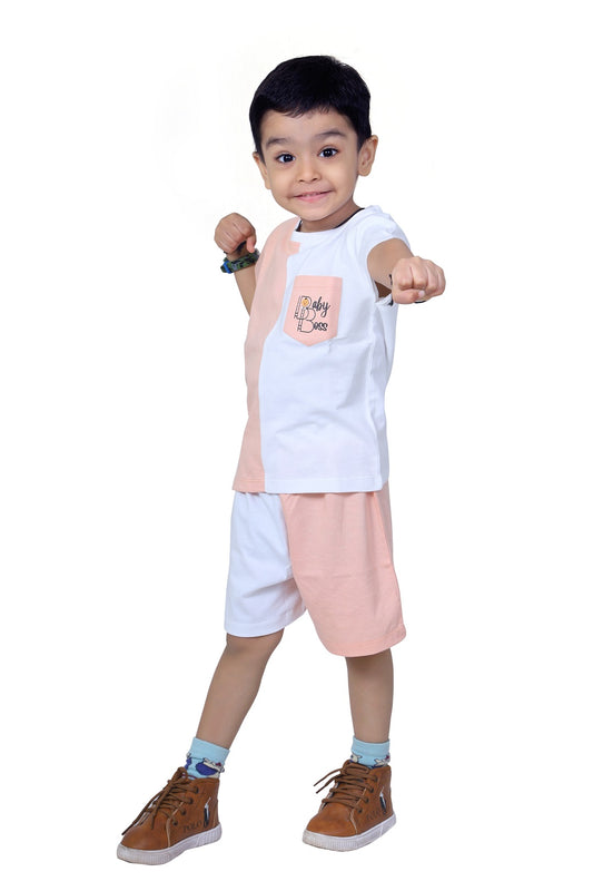 BabyBoss Dual Coloured Block Pattern Pocket Print T-Shirt & Short Set