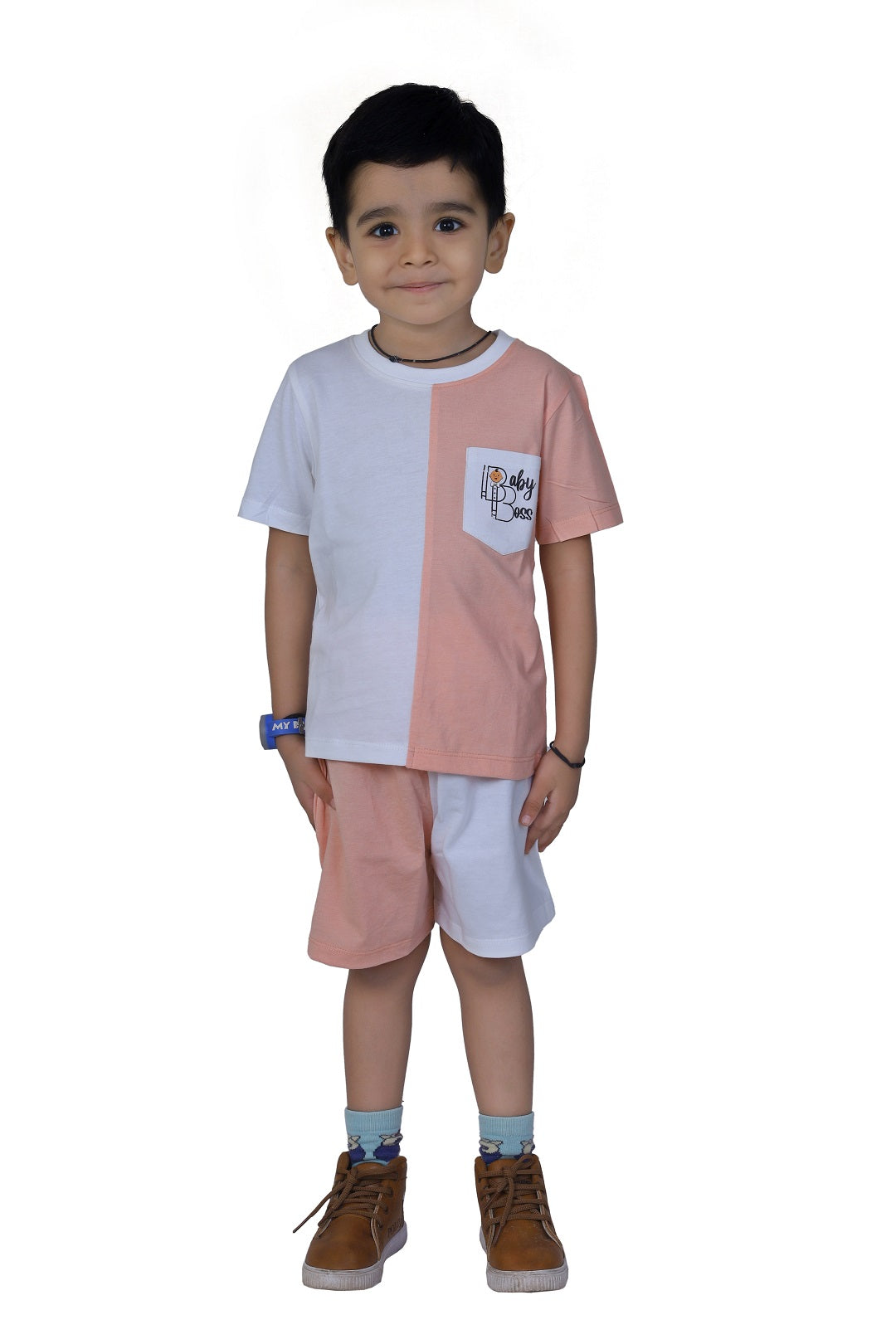 BabyBoss Dual Coloured Block Pattern Pocket Printed T-Shirt & Short Set