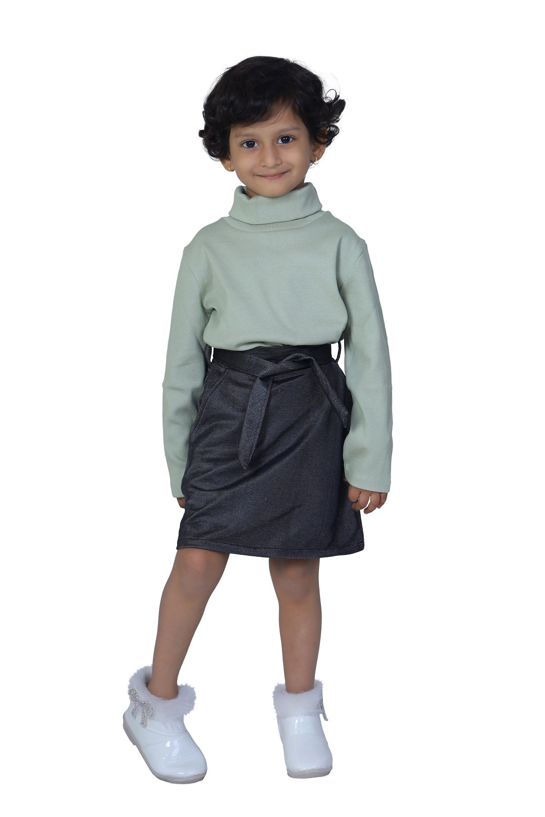 Turtle Neck Light Green T-Shirt & Short Skirt Set