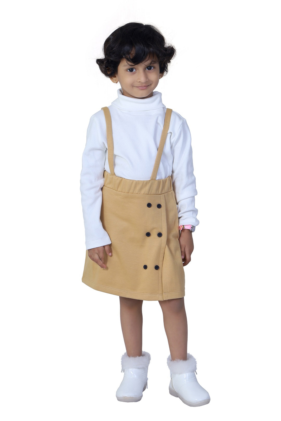 Turtle Neck Full Sleeves Tee & Double Breasted Pinafore Skirt Set