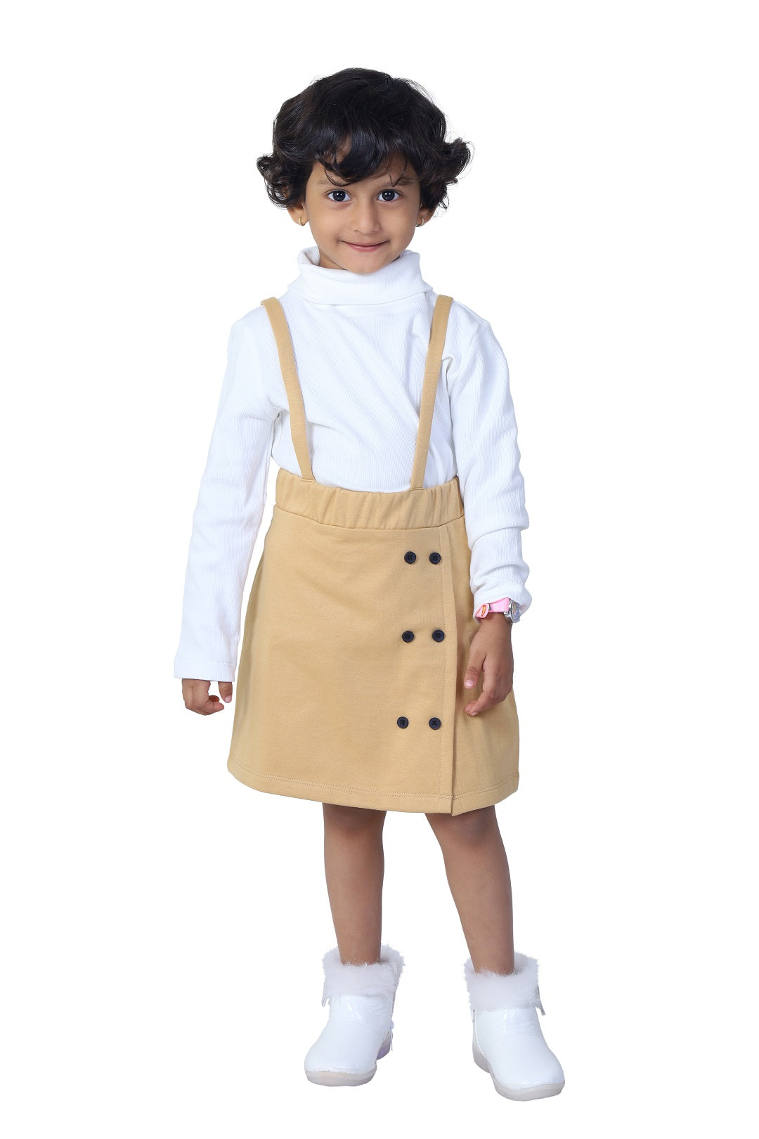 Turtle Neck Full Sleeves Tee & Double Breasted Pinafore Skirt Set