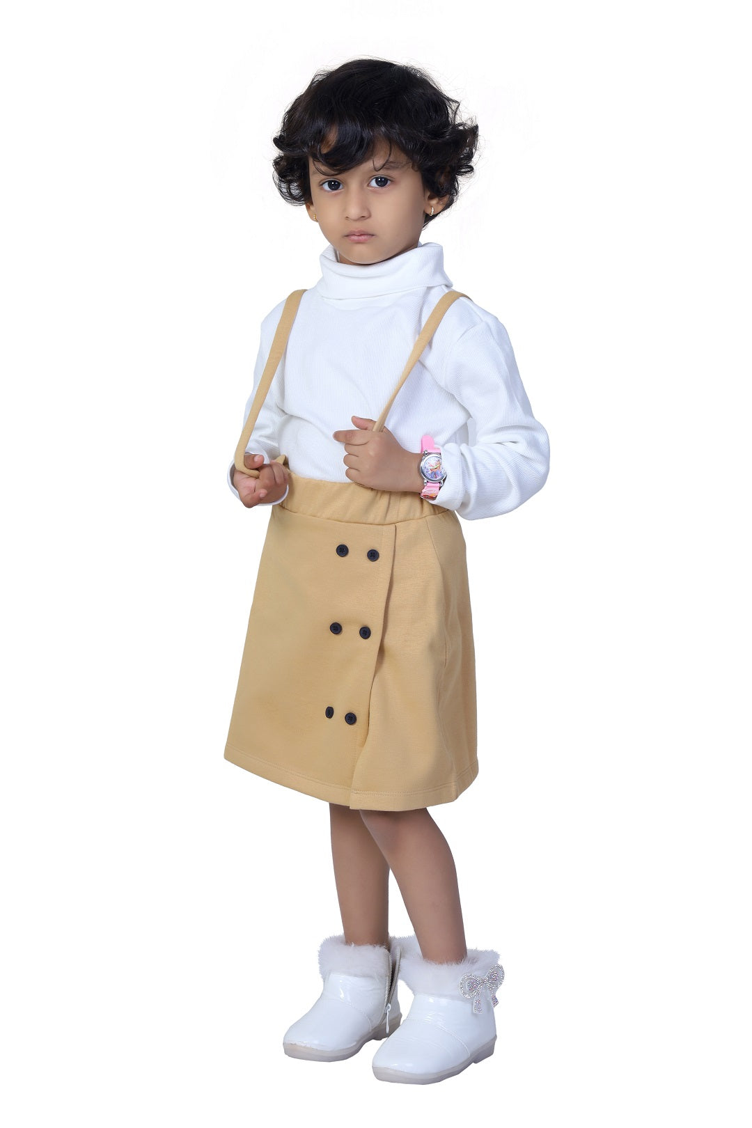 Turtle Neck Full Sleeves Tee & Double Breasted Pinafore Skirt Set